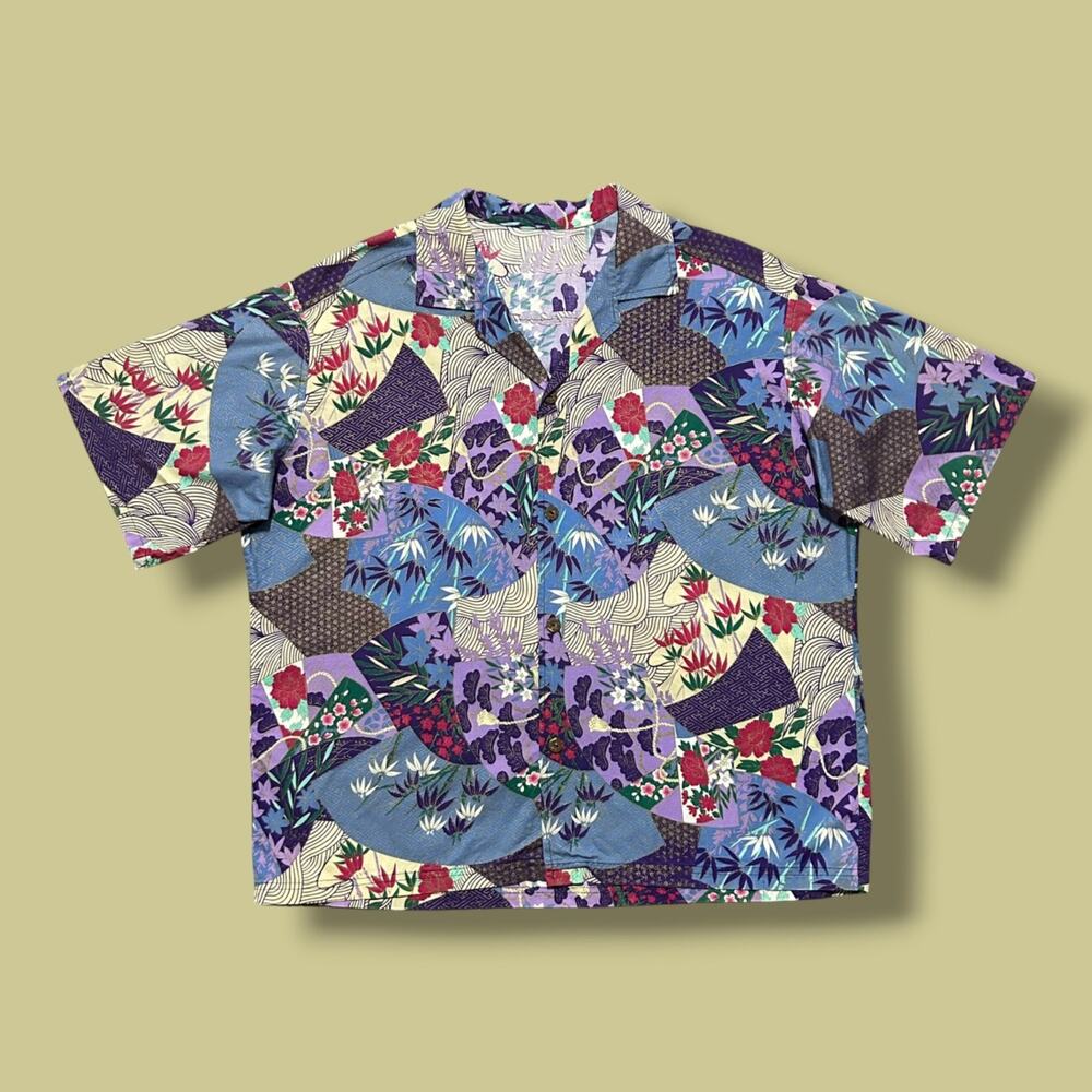 Vintage Hawaiian Shirt Japanese Art Camp Collar Patchwork Print 80s Cotton XL